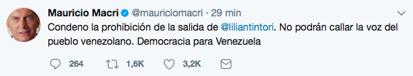 Tweet del Presidente Macri del 3 de setiembre.